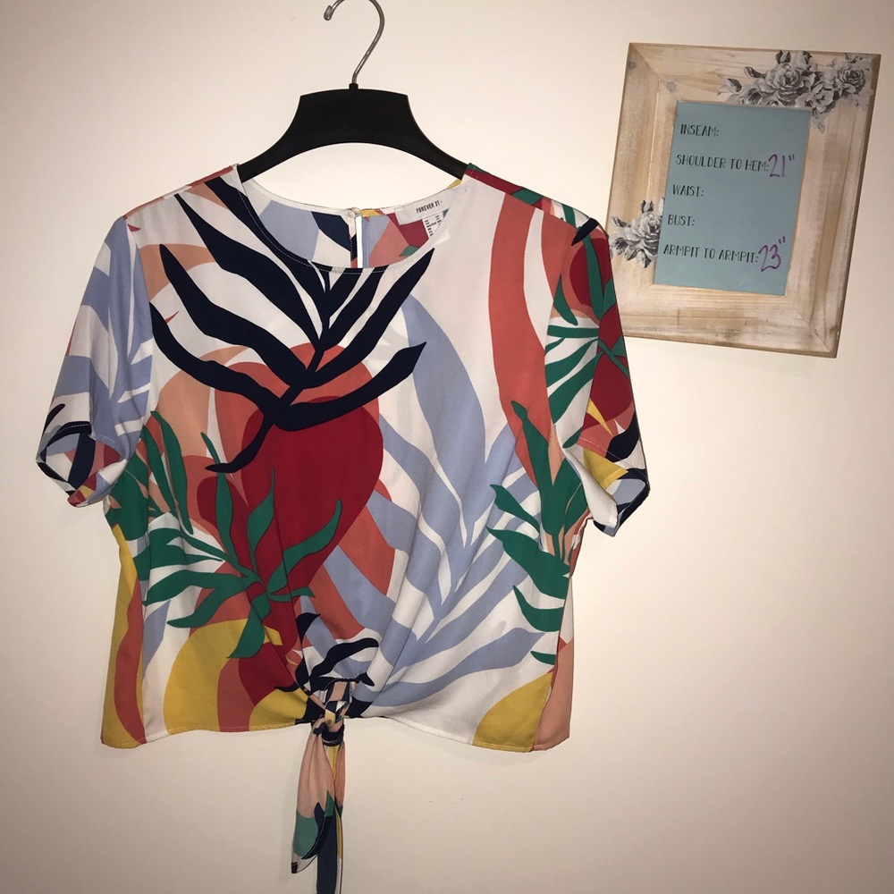 Bold colorful leaf print tie-waist top